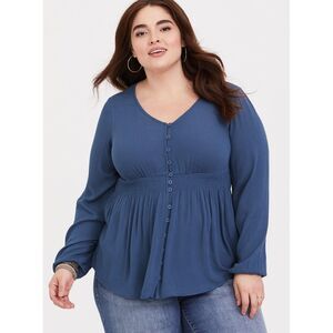 Torrid Babydoll Top Plus Size 3X Blue Long Sleeve Top‎ Rayon Gauze Boho